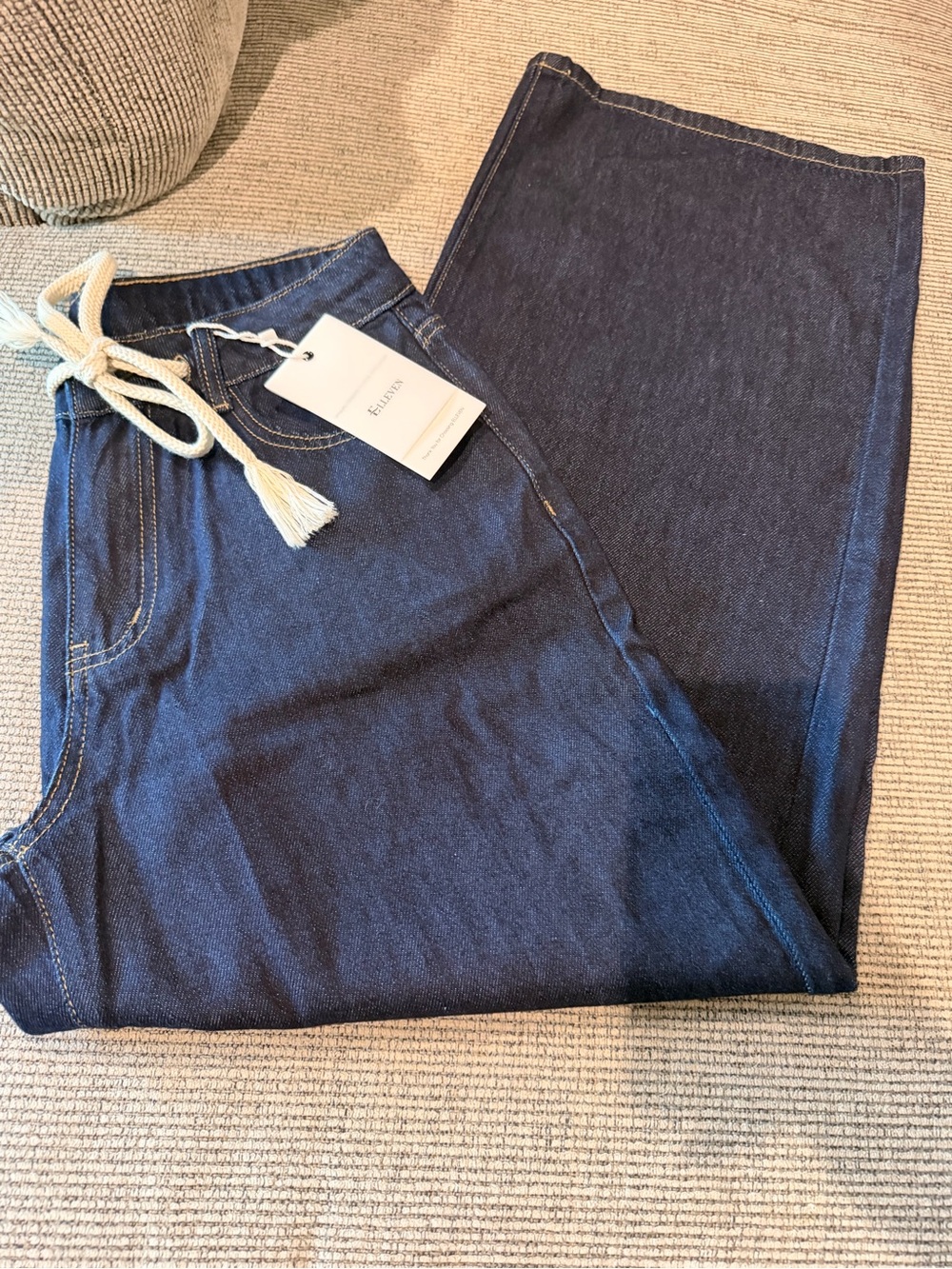 Baggy Wide-Leg Indigo Jeans with Cream Tassel Drawcord